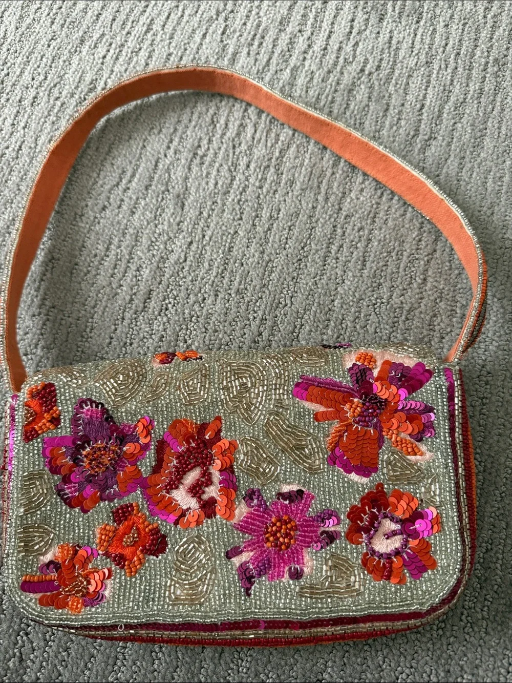 Shoulder Bag-Anthropologie Orange & Pink Beaded Floral with Cream Beadwork